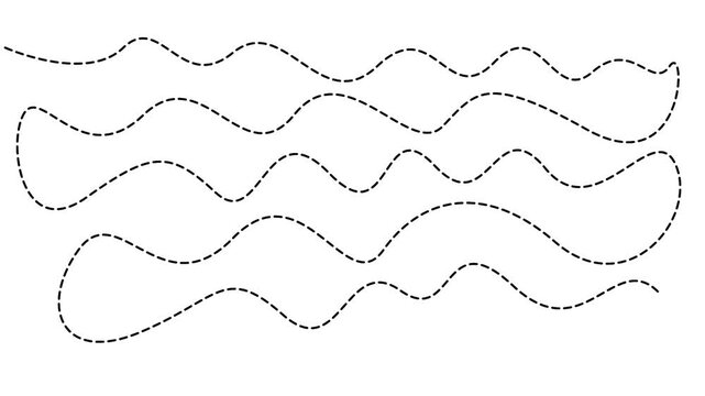 Animated dotted lines flowing abstract background, motion animation black, and white dashed line