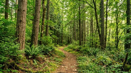 Obraz premium A narrow dirt trail winds through a dense, lush forest. Tall trees with textured bark dominate the scene, their branches interwoven to create a canopy overhead.