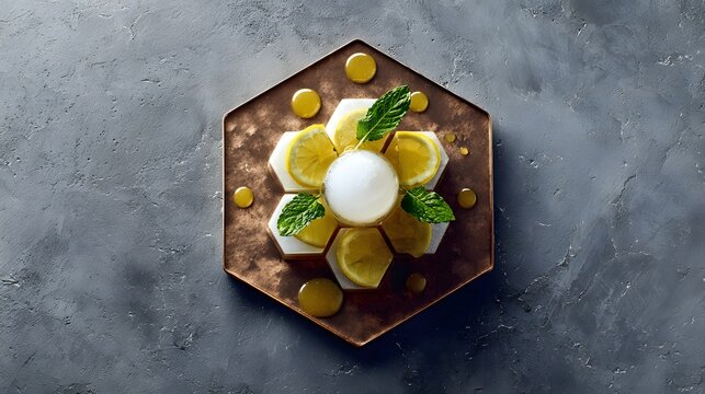 Minimalist top-view of deconstructed honey lemon soda on bronze and slate, generative ai.