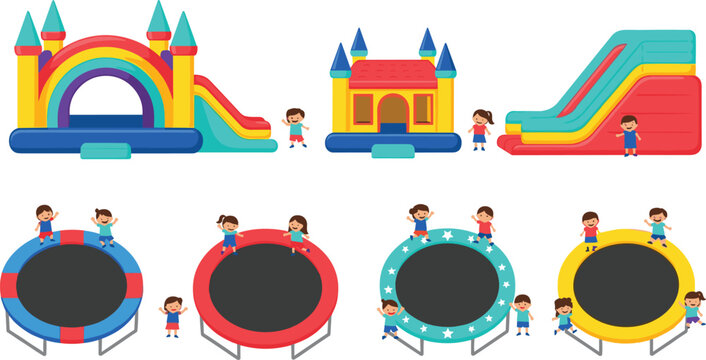 Colorful Inflatable Playground and Trampoline Vector Set with Children Playing, Bounce Houses, Slides, Fun Outdoor Activity Equipment, and Kids Entertainment Designs.