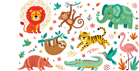 Fototapeta premium Colorful Hand Drawn Jungle Animal Vector Set Featuring Lion Elephant Tiger Monkey Sloth and Flamingo for Kids Nursery Decor Patterns and Children Book Illustrations.