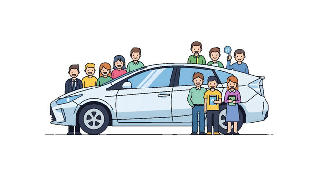 Diverse group of people standing around a modern white hybrid car, symbolizing shared mobility, sustainable transport, and community travel concept. Vector art.