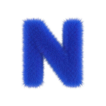 A fuzzy blue letter n character made of soft realistic fur texture isolated on transparent background