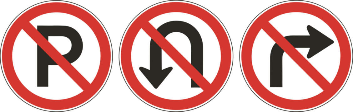 No parking sign set, traffic prohibition symbols including no U-turn no right turn and road restriction signs for transportation safety and regulation design.