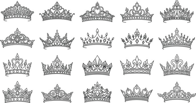 Ornate Crown Collection Vector Illustration Featuring Royal Tiara Designs with Decorative Vintage Details for Luxury Heraldic and Wedding Design.
