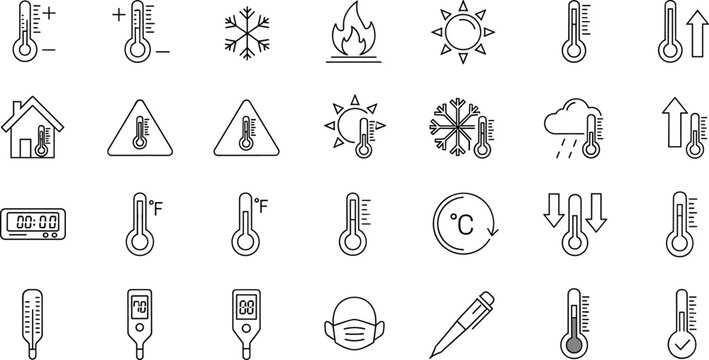Temperature Icon Collection Featuring Twenty‑Five Stylized Designs of Thermometers, Weather Symbols, Medical Measurement, and Hot or Cold Indicators