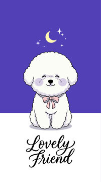 Cute cartoon bichon frise dog character with a pink bow, moon and stars background, vector illustration, lovely friend concept, minimalist design, adorable puppy portrait