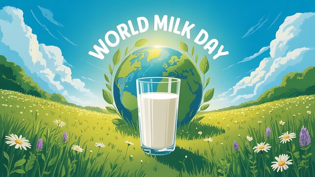 world milk day celebration with glass of milk and globe in sunny meadow