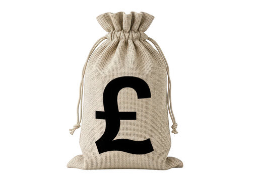Canvas money bag with a black british pound sterling currency symbol isolated on transparent background