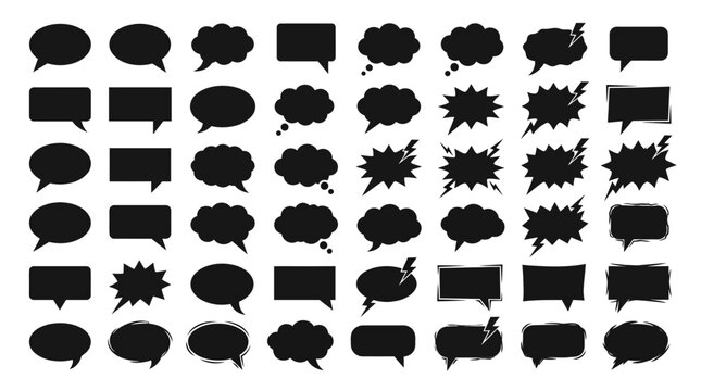 Speech bubble vector illustration collection featuring comic-style dialogue and thought shapes in black silhouettes, perfect for graphic design, communication artwork, and creative projects.