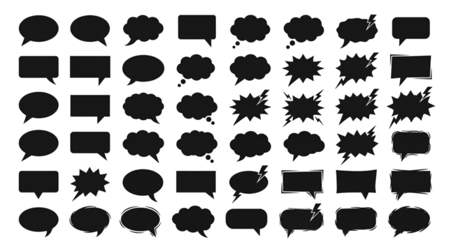 Speech bubble vector illustration collection featuring comic-style dialogue and thought shapes in black silhouettes, perfect for graphic design, communication artwork, and creative projects.