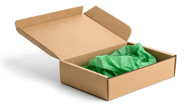 Open cardboard mailer box with recycled cardboard construction and green tissue paper filler conveying eco friendly packaging and delivery