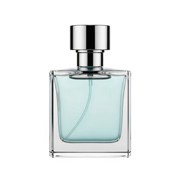 Glass bottle of blue liquid perfume for men with a silver metal cap isolated on transparent background