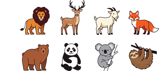 Fototapeta premium Diverse Wild Animal Vector Icon Set Featuring Lion Deer Goat Fox Bear Panda Koala and Sloth Illustrations for Kids Educational Projects and Nursery Decor.