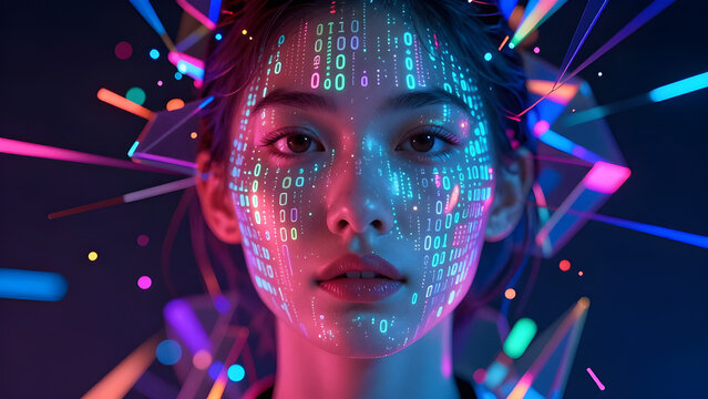 Close-up photograph of an individual's face with binary code projections, conveying the concept of digital intrusion and cyber security.