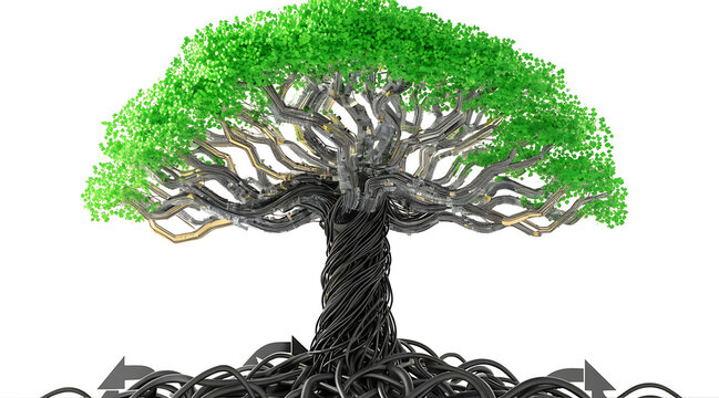 Digital circuit tree with green foliage representing sustainable technology and electronic recycling, conceptual eco innovation and network growth