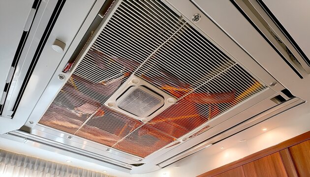 built in ceiling unit of fcu and return air grill vrv vrf multi split type air conditioner system in hotel room concept image for hvac system or temperature