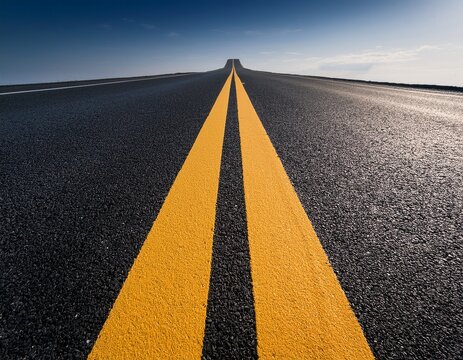 a low angle close up view of a dark asphalt road stretching towards a black horizon featuring two bright yellow center lines