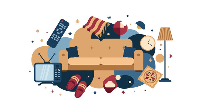 Cozy Living Room Interior Vector Illustration with Sofa, Retro TV, Pizza, and Remote Control for Home Relaxation and Entertainment Concept