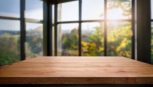 empty office wooden desk mockup n modern interior with large window background close up product display scene