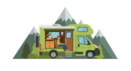 Obraz premium Digital Nomad Working on Laptop in Green Camper Van with Mountain Background - Flat Vector Illustration of Remote Work and Van Life Lifestyle