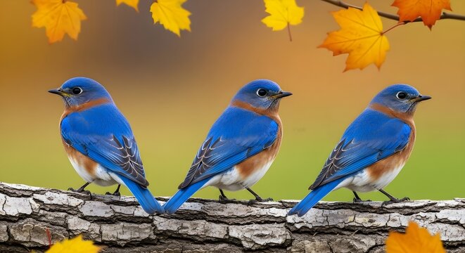 Three blue birds perched on a rustic wooden fence
