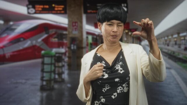 Woman pinching fingers in small measuring gesture by a red train on a station building platform, hand near chest visible; curiosity focus.
