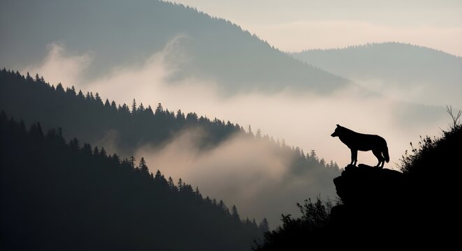Wolf standing on mountain rock at sunset