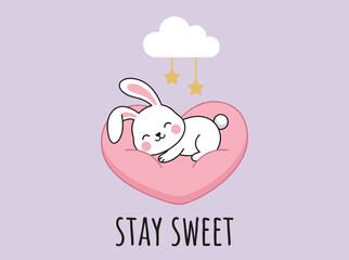 Naklejka premium Cute Rabbit Heart Sleep, Bunny Love Illustration, Sweet Dreams Nursery Art, Stay Sweet Quote Poster, Minimalist Easter Animal Vector Greeting Card