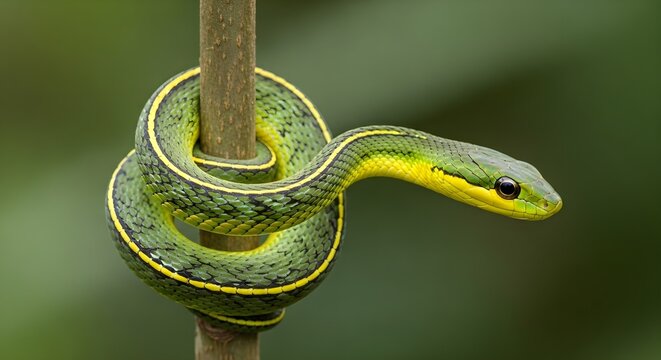 Green snake coiled around a metal pole