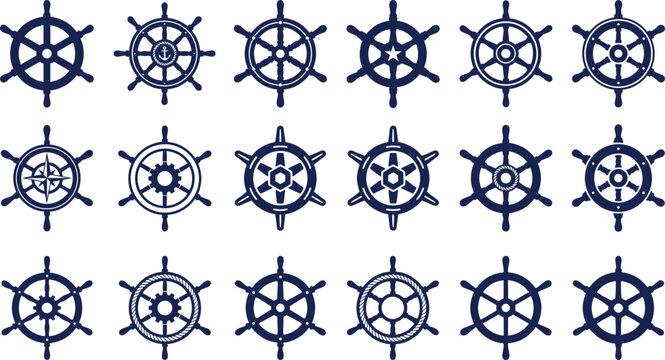 Nautical Ship Wheel Icon Set with Detailed Helm Variations for Maritime Navigation Sea Travel Marine Equipment and Ocean Adventure Design Collection