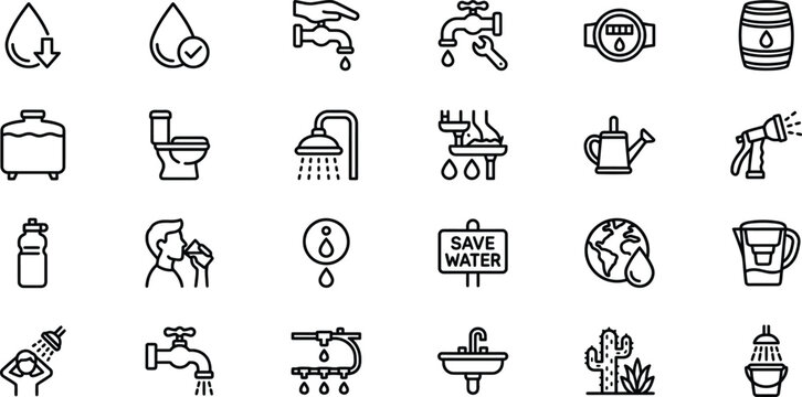 Water conservation icons set essential symbols for sustainability and responsible water usage