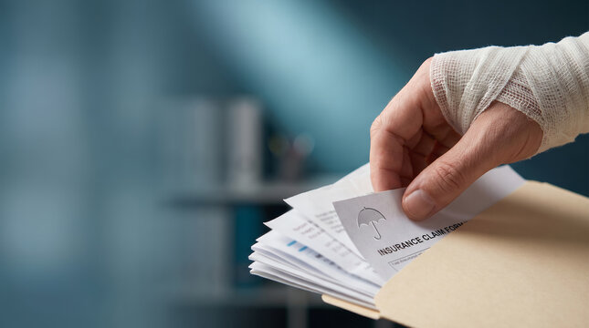 Bandaged Hand Filing Insurance Claim Forms for Medical Injury, Accident Compensation, Healthcare Paperwork and Legal Documentation