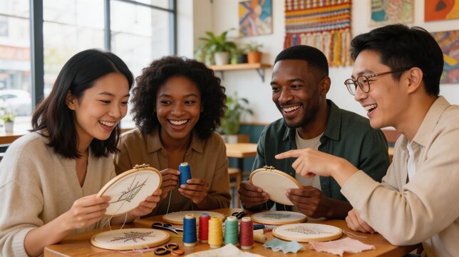 Diverse group of friends at an embroidery workshop. Smiling young adults crafting together at a wooden table with hoops and colorful thread. Creative hobby and leisure concept