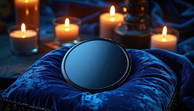 Mystic round scrying mirror surrounded by flickering candles and dark velvet fabric, evoking a sense of ancient ritual and divination