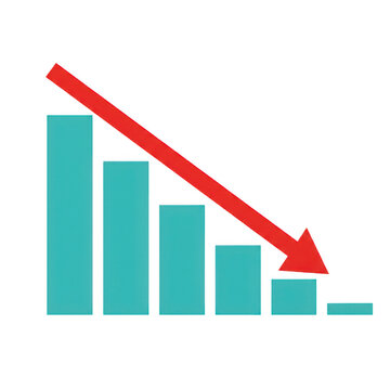 Teal bar chart with red downward trend arrow isolated on a transparent background