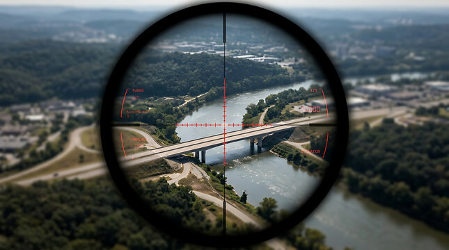 Sniper's scope viewing a bridge over a river in a city viewed from above