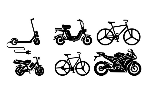 Electric vehicle transport set scooter bike motorcycle EV rechargeable vector illustration isolated on white background