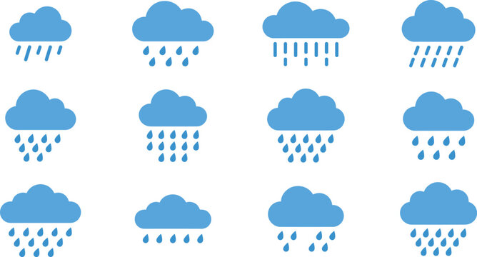 Simple Rain Cloud Icon Set with Falling Water Drops Variations, Minimal Weather Symbols Collection for Forecast Apps, UI Design, Climate Graphics, and Infographic Use