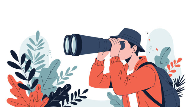 Young man wearing a hat and backpack using large binoculars to observe birds or nature among colorful tropical plants.