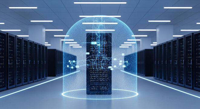A 3d vector illustration of a mobile phone displaying binary code and a world map over a blue tech city background featuring glass skyscrapers and urban business architecture design