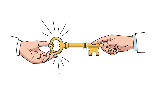 Close up of two hands in white lab coats passing or holding a large golden skeleton key together representing collaboration and discovery.