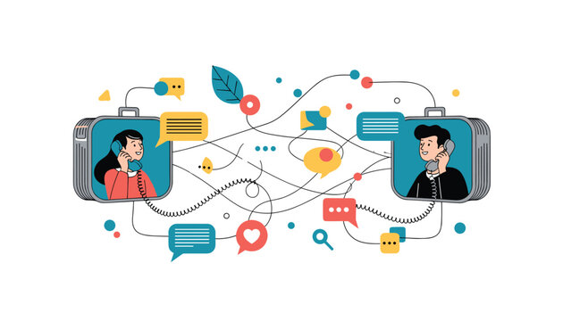 Two people talking on telephones from suitcases connected by a tangled web of communication lines and icons.
