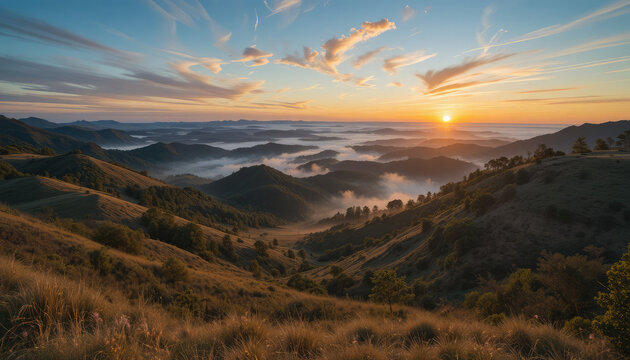 Sunrise over rolling hills and mountains with foggy valleys below