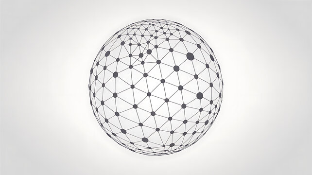 Abstract plexus sphere with connected dots and lines forming a grayscale network globe as an isolated vector design. 
