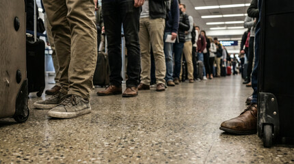 Fototapeta premium Travelers waiting in long queue travel problems words + concept