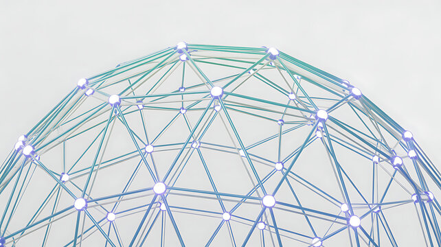 Abstract wireframe dome sphere built from plexus lines and connected nodes, isolated on white background. 