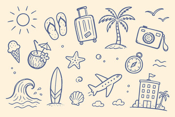 Summer travel icons set blue doodle pattern vector
