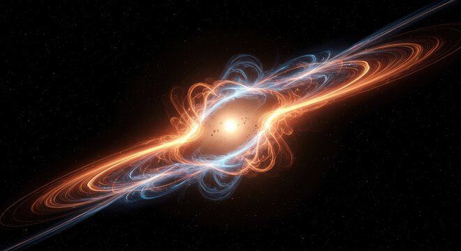 A conceptual rendering illustrating dynamic cosmic energy forces twisting spacetime fabric, symbolizing immense gravity and theoretical physics, digital art, field, momentum