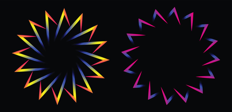 Glowing neon gradient radial star shapes isolated on black background vector design.